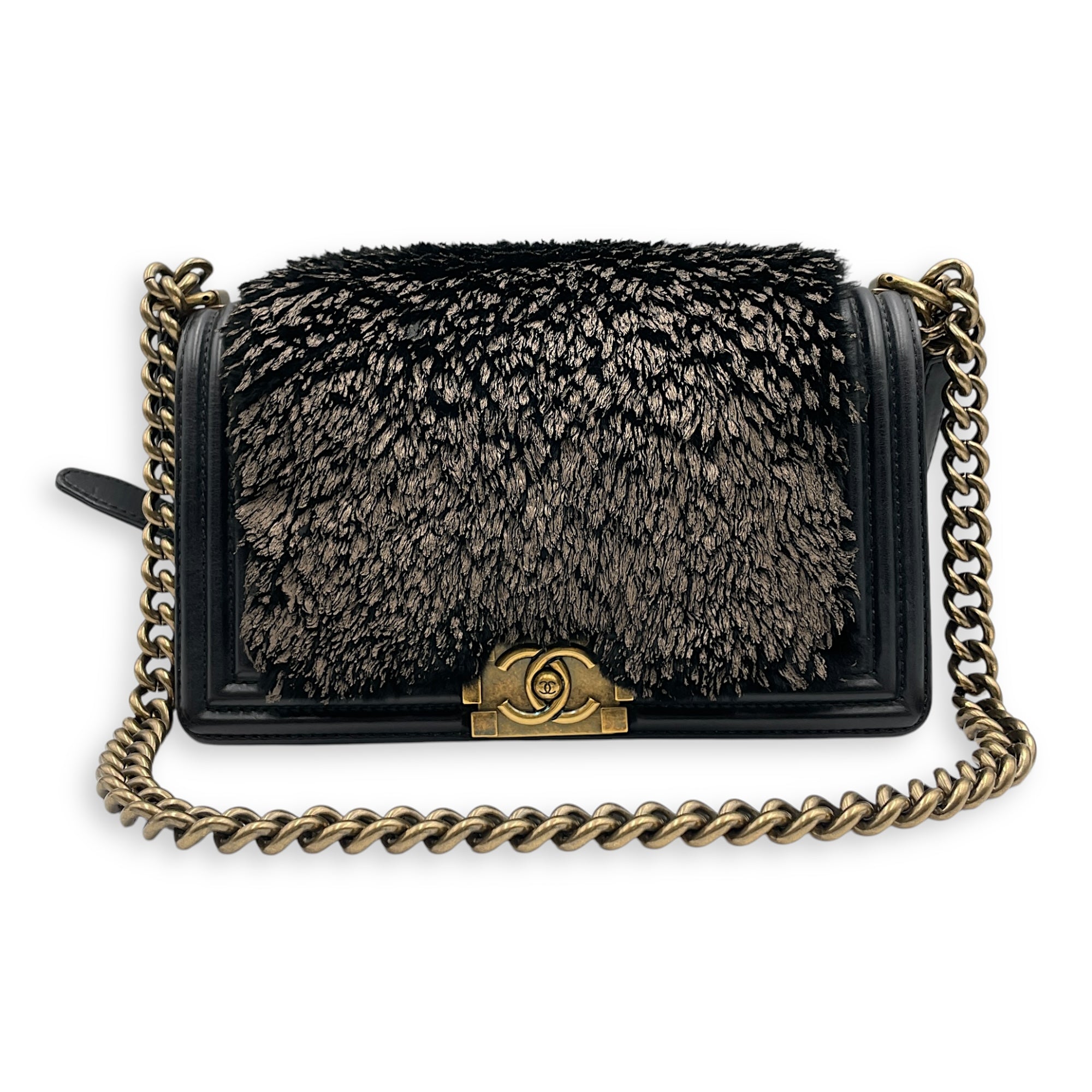 Fur Boy Old Medium Black Shoulder Bag in Fur, Gold hardware - Image 8