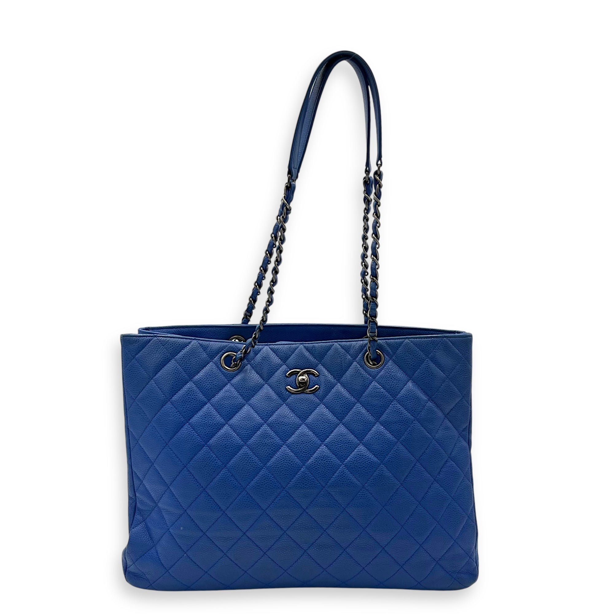 CC Quilted Blue Tote Bag in Caviar Leather, Ruthenium hardware