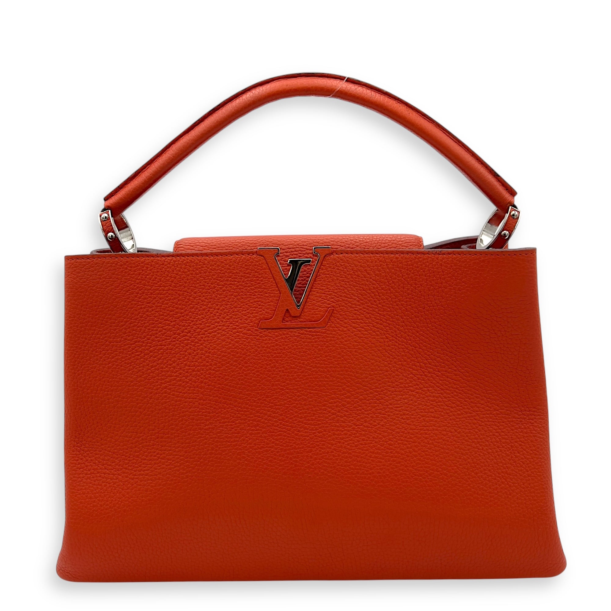 Capucines MM Clementine Top Handle Bag in Taurillon Leather, Light Gold hardware