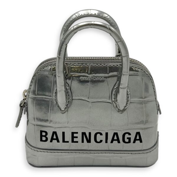 Ville Micro Silver Top Handle Bag in Crocodile Embossed Calfskin, Silver hardware