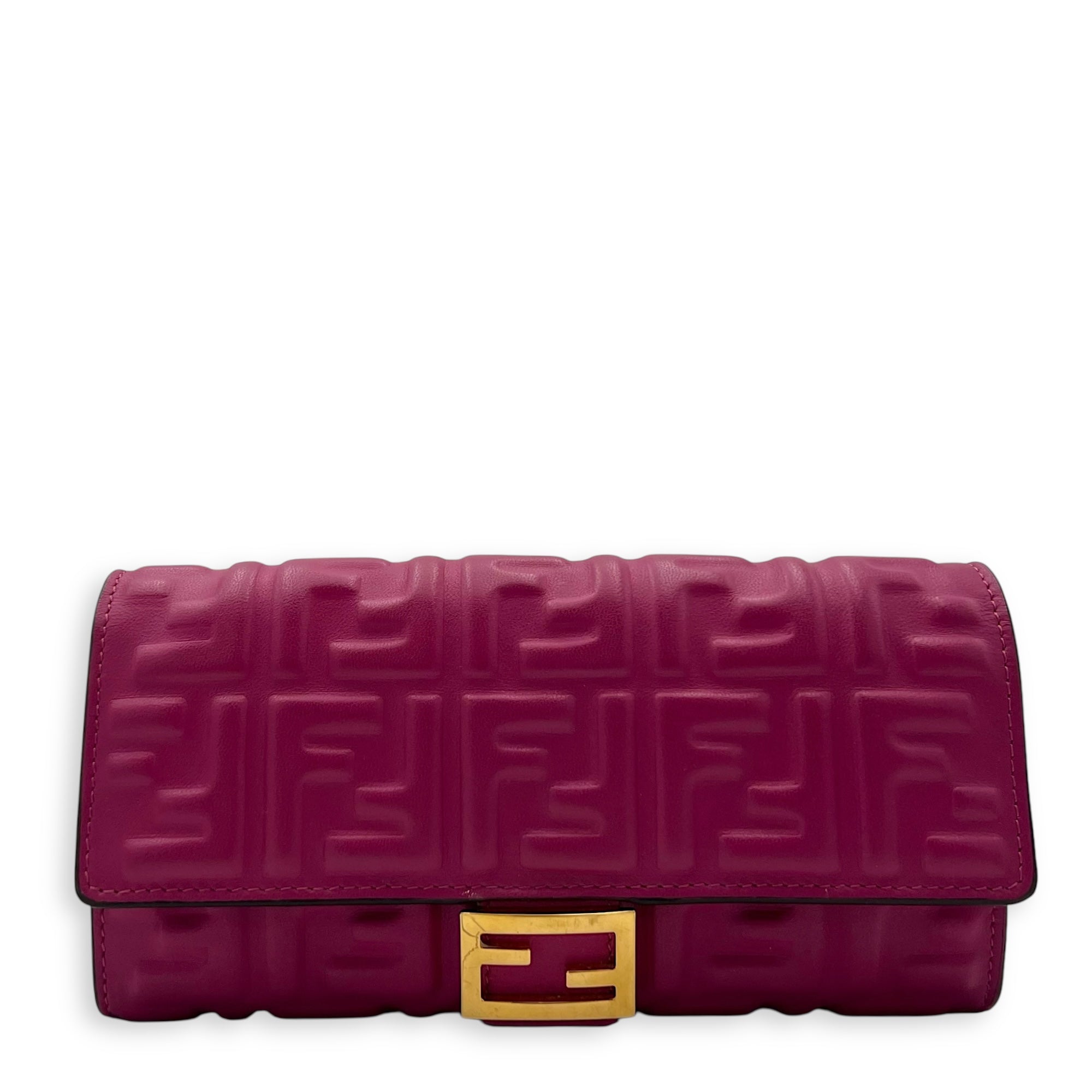 Baguette Wallet On Chain Pink in Calfskin, Gold hardware