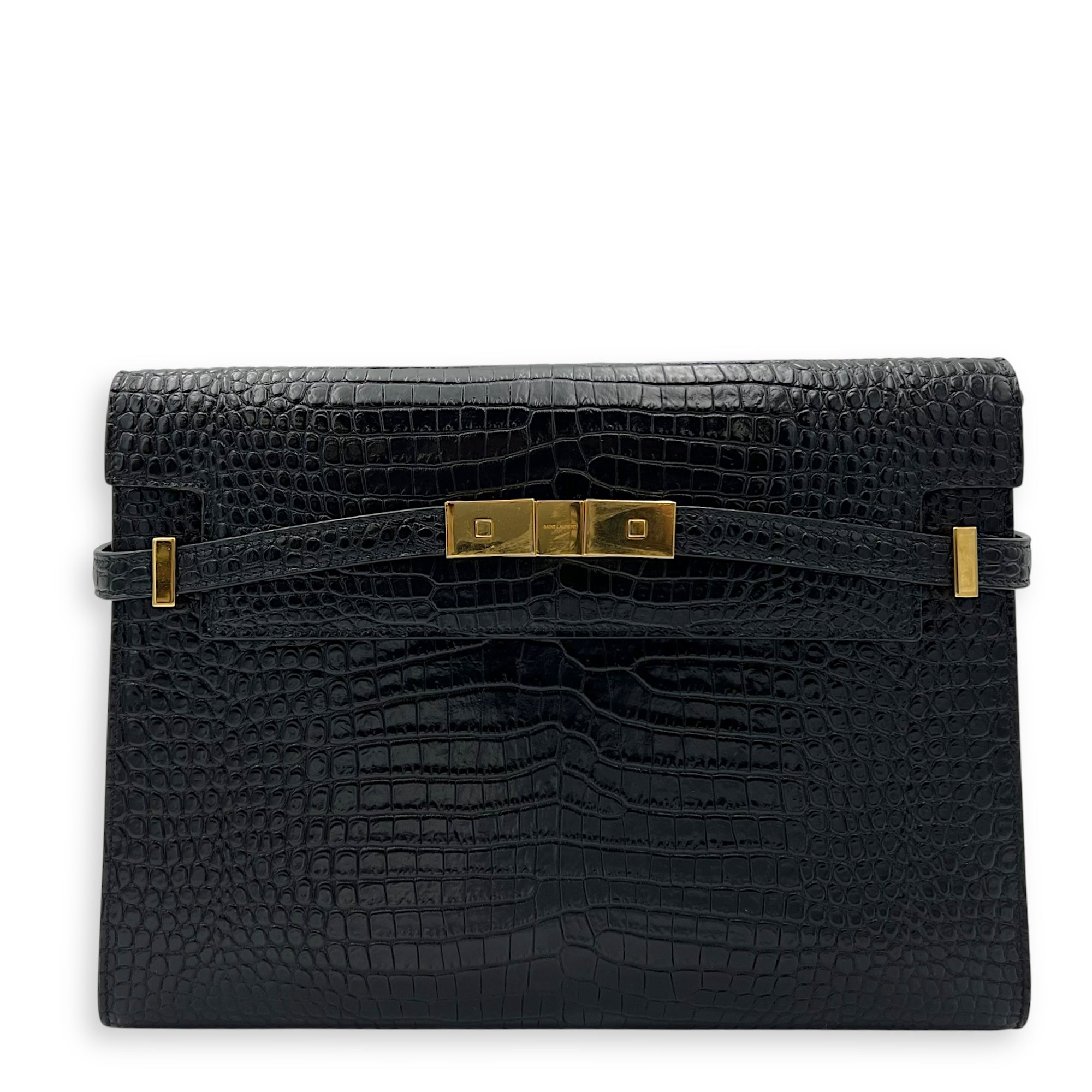 Manhattan Shoulder Bag Black in Crocodile Embossed Calfskin, Gold hardware