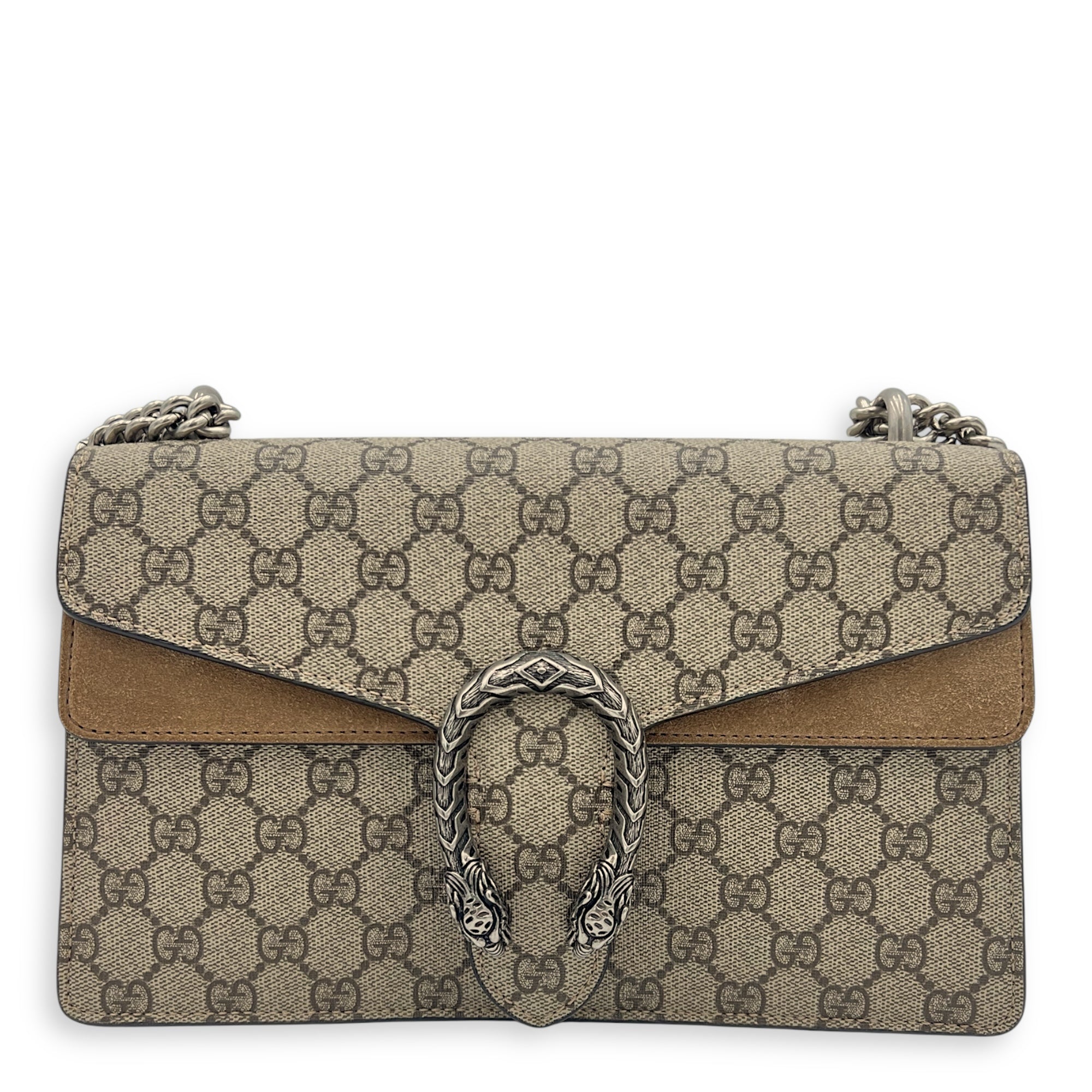 Dionysus Small Brown Shoulder Bag in Coated Canvas, Ruthenium hardware