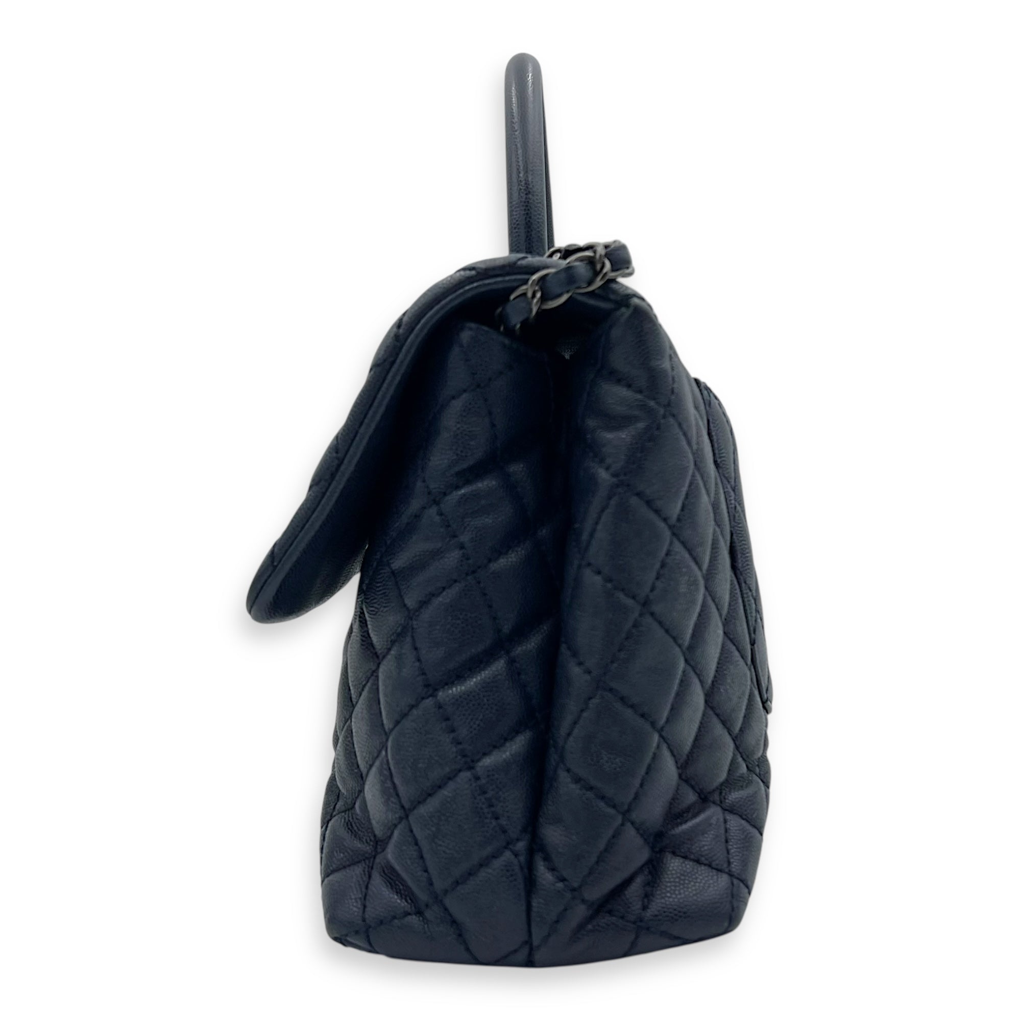 Coco Handle Quilted Top Handle Bag Blue in Caviar Leather, Silver hardware - Image 4