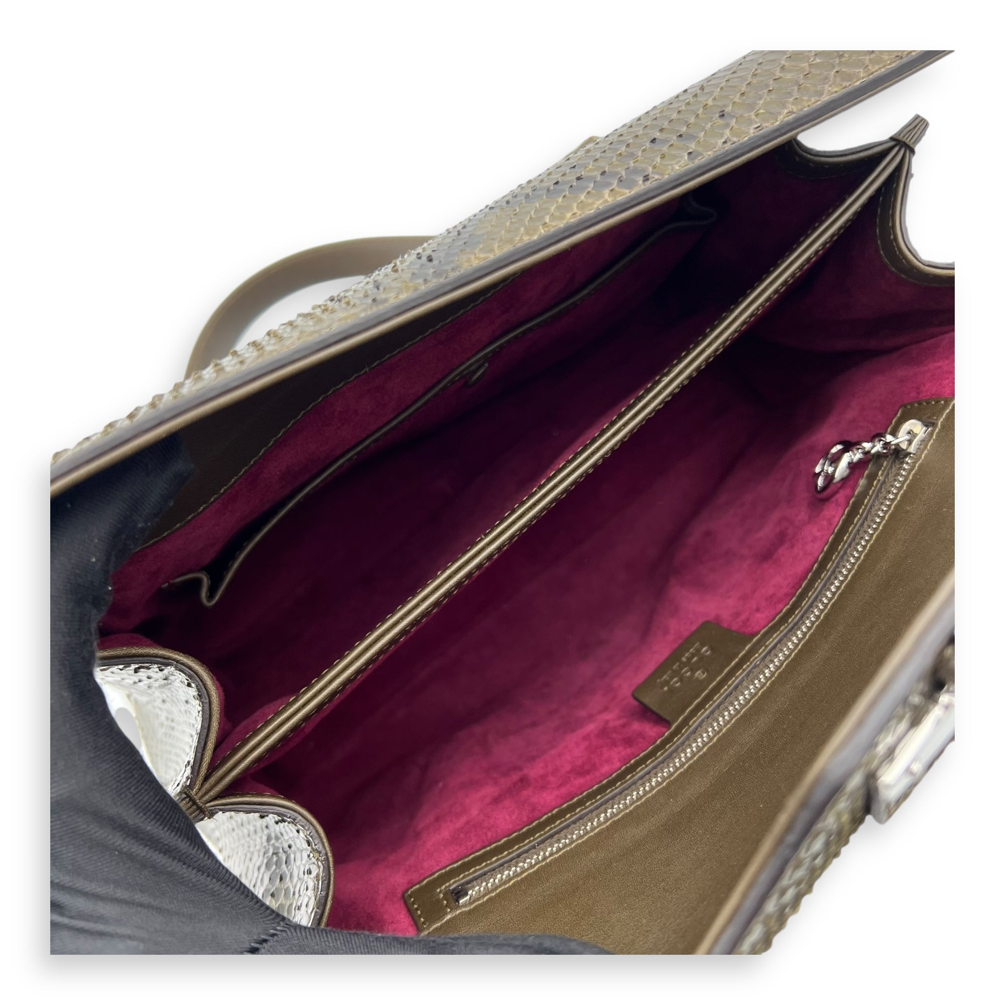 Flap Green Top Handle Bag in Snake Skin, Silver hardware - Image 11