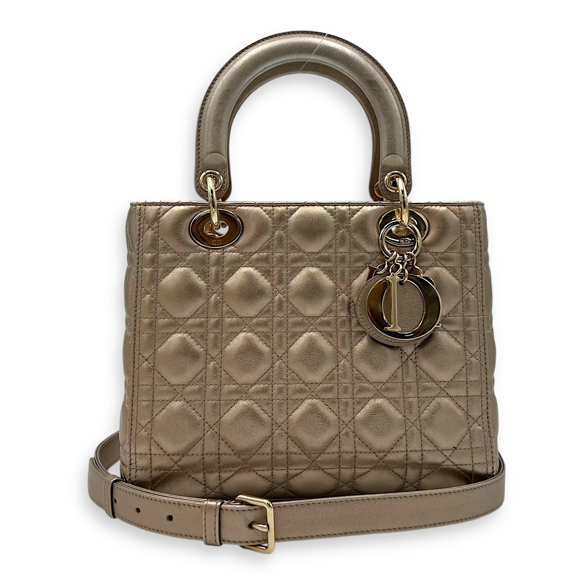 Lady Dior Medium Bronze Top Handle Bag in Lambskin, Gold hardware - Image 12