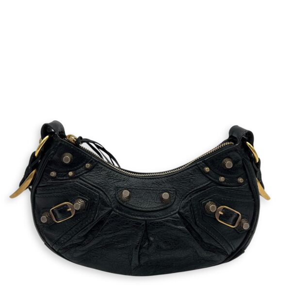 Le Cagole XS Black Shoulder Bag in Distressed Leather, Gold hardware