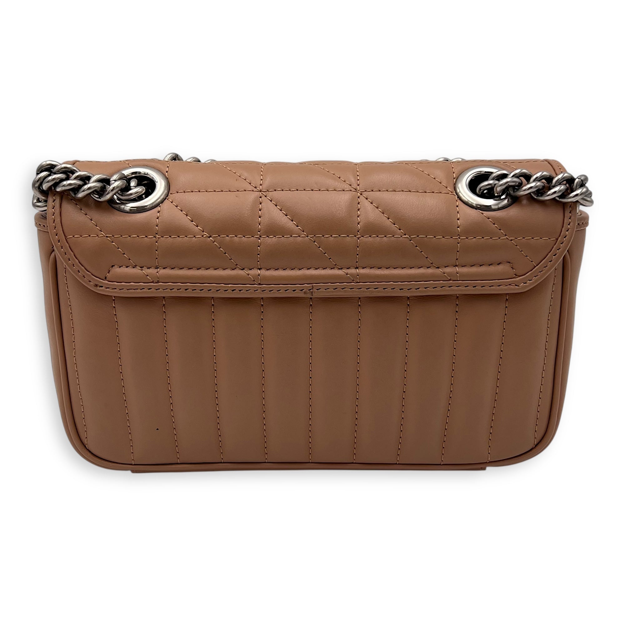 GG Marmont Mini Beige Crossbody Bag in Calfskin, Silver hardware - Image 3