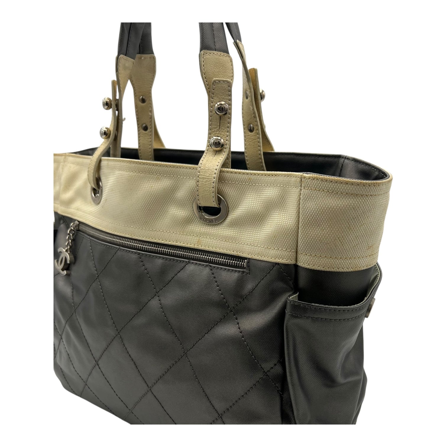 Paris Biarritz Large Grey Tote Bag in Coated Canvas, Silver hardware - Image 10