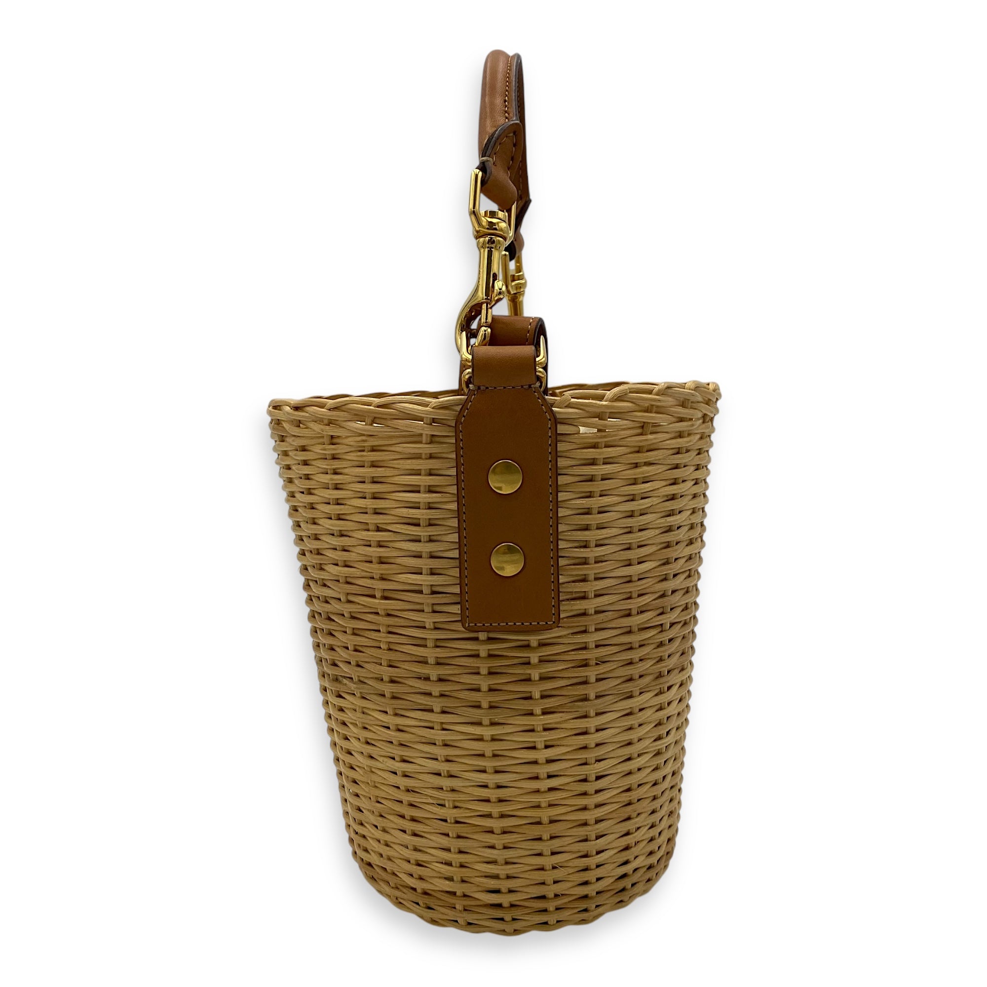 Wicker Bucket Brown Top Handle Bag in Rattan, Gold hardware - Image 5