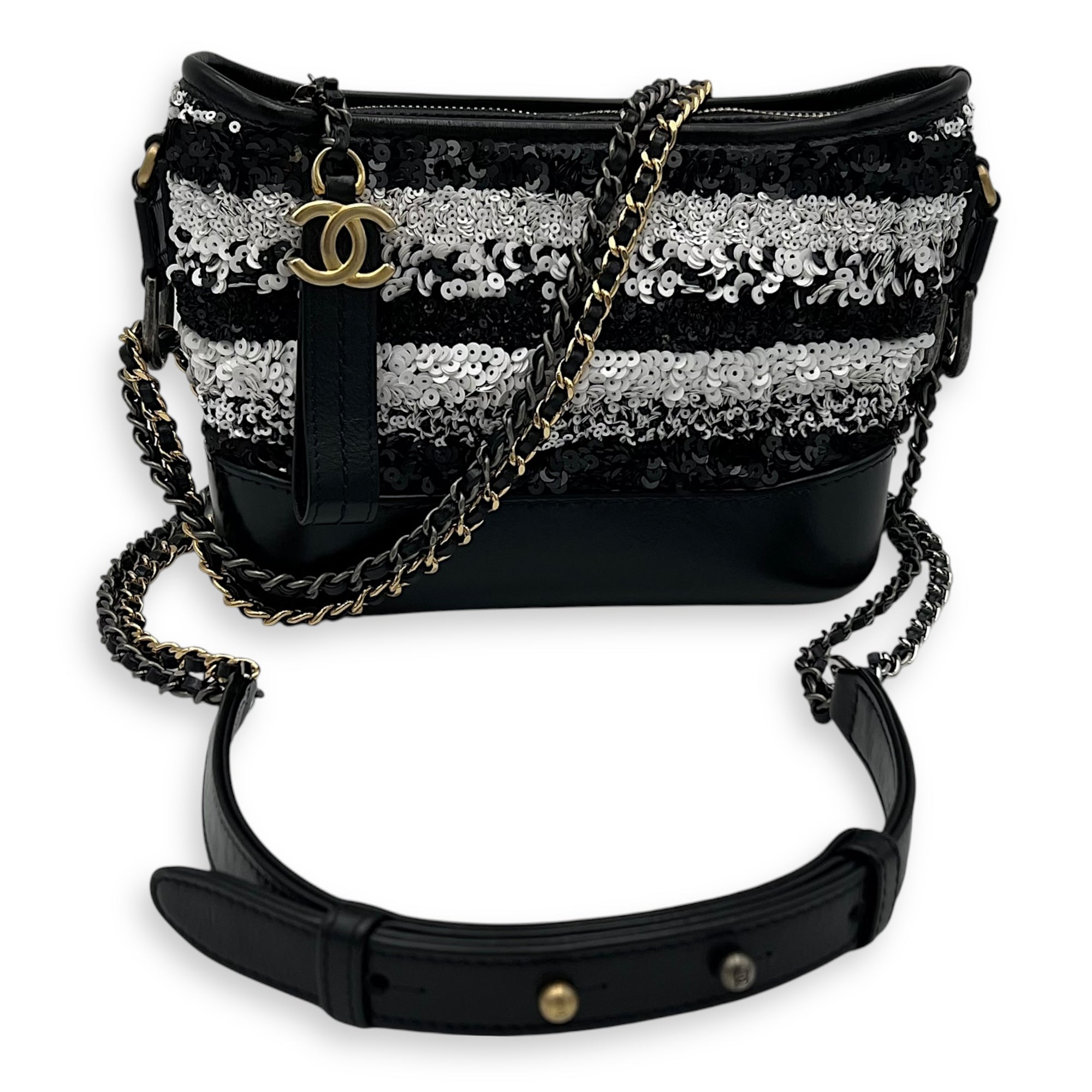 Gabrielle Small Black - White Shoulder Bag in Sequins, Gold hardware - Image 11
